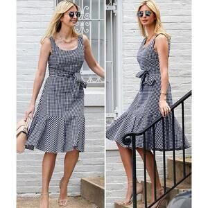 Sleeveless Gingham Tie-Waist Midi Dress - Black & White